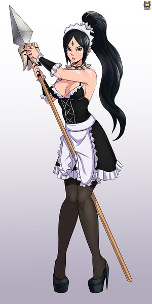 Anime picture 500x1000 with league of legends nidalee (league of legends) kyoffie12 single long hair tall image looking at viewer breasts light erotic black hair standing green eyes ponytail maid girl thighhighs uniform weapon black thighhighs spear