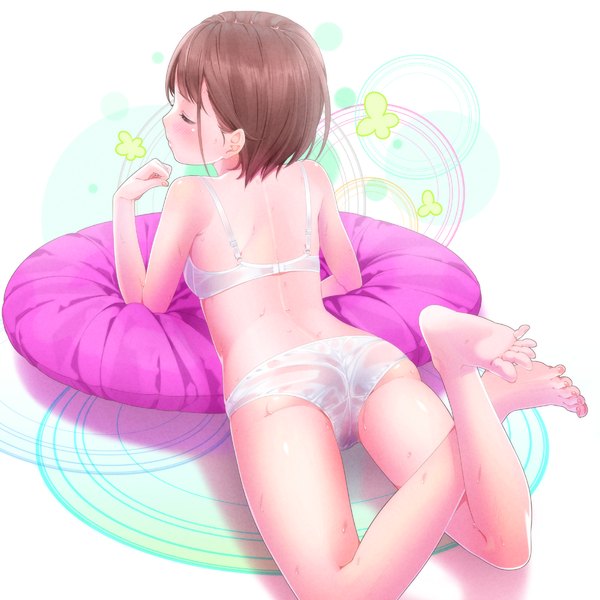 Anime picture 1000x1000 with original ama mitsuki blush short hair light erotic brown hair eyes closed legs underwear only girl underwear panties lingerie bra white panties white bra