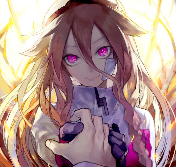 Anime picture 904x861 with vocaloid ia (vocaloid) yamakawa long hair looking at viewer fringe blonde hair smile hair between eyes pink hair braid (braids) head tilt holding hands side braid pov bandaid on face girl gloves black gloves bandaid