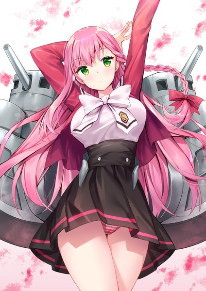 Anime picture 1000x1415 with azur lane memphis (azur lane) silveroid single long hair tall image looking at viewer blush fringe breasts light erotic simple background hair between eyes large breasts standing green eyes payot pink hair braid (braids) arms up