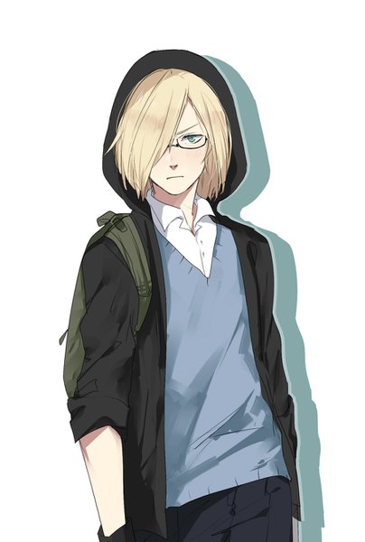 Anime picture 900x1335 with yuri!!! on ice mappa yuri plisetsky na yeon single tall image looking at viewer blush fringe short hair simple background blonde hair standing white background green eyes hair over one eye shadow bespectacled boy shirt
