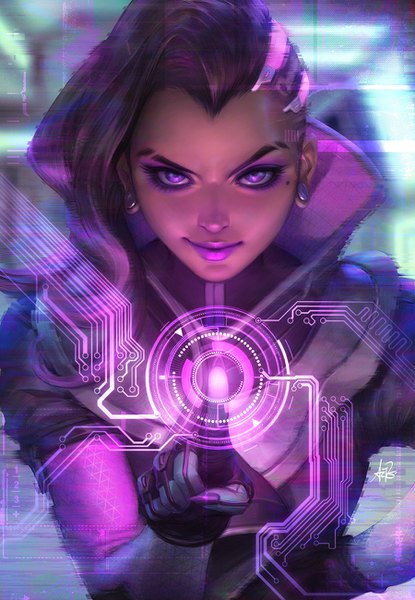 Anime picture 900x1300 with overwatch blizzard entertainment sombra (overwatch) artgerm (stanley lau) single long hair tall image looking at viewer smile brown hair purple eyes signed upper body multicolored hair realistic mole two-tone hair mole under eye lipstick eyebrows