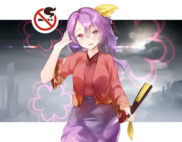 Anime picture 1280x1000 with touhou unconnected marketeers komakusa sannyo fairyfloss single long hair fringe open mouth hair between eyes purple hair ponytail :d outside border girl ribbon (ribbons) hair ribbon fan closed fan flower (symbol) sign