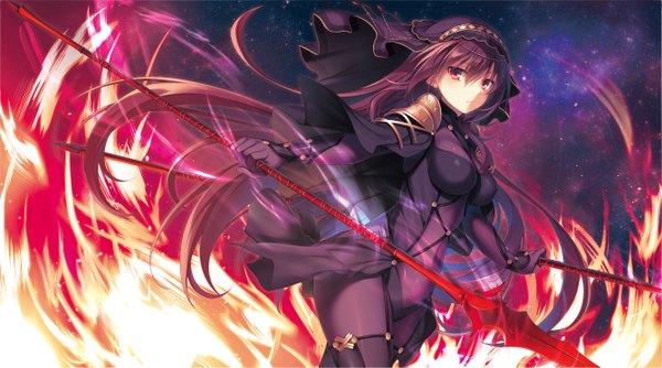 Anime picture 1338x747 with fate (series) fate/grand order scathach (fate) (all) scathach (fate) toosaka asagi single long hair looking at viewer breasts red eyes wide image purple hair dark background girl dress gloves weapon elbow gloves black dress
