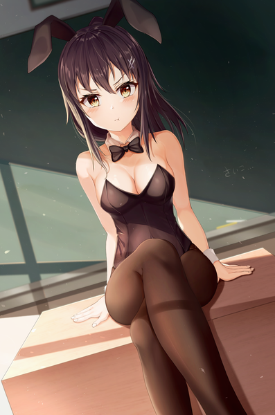Anime picture 2504x3784 with original shirokuma (zeroillya) single long hair tall image looking at viewer blush fringe highres breasts light erotic hair between eyes brown hair large breasts sitting animal ears yellow eyes payot ponytail indoors