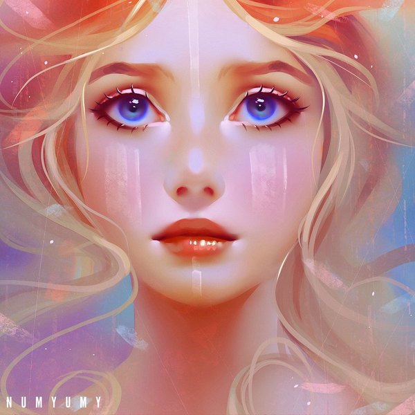 Anime picture 800x800 with original numyumy single long hair blush blue eyes blonde hair signed upper body light smile lipstick watermark portrait looking up face eyeshadow red lipstick girl