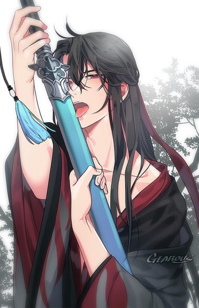 Anime picture 900x1391 with mo dao zu shi wei wuxian gearous single long hair tall image looking at viewer fringe open mouth black hair hair between eyes red eyes holding signed half updo sheathed licking boy ribbon (ribbons) weapon