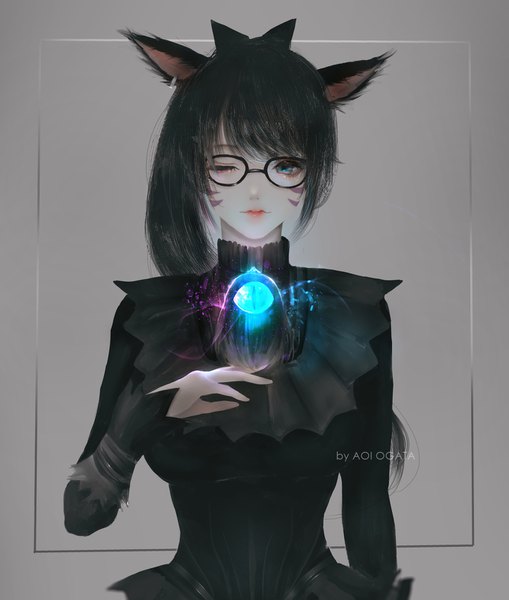 Anime picture 1339x1580 with final fantasy final fantasy xiv original square enix aoi ogata single long hair tall image looking at viewer fringe breasts blue eyes black hair simple background standing signed animal ears upper body long sleeves one eye closed