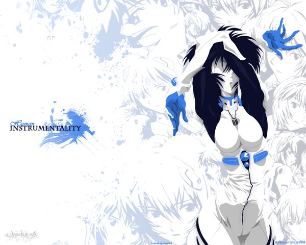 Anime picture 1280x1024 with neon genesis evangelion gainax ayanami rei short hair black hair simple background white background signed blue hair long sleeves shaded face multiview covering eye (eyes) girl bodysuit pilot suit
