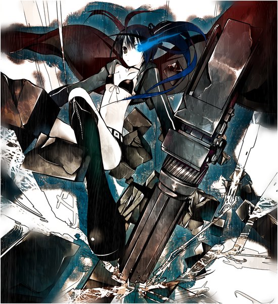 Anime picture 1500x1637 with black rock shooter black rock shooter (character) machimura komori single long hair tall image black hair twintails black eyes midriff glowing scar glowing eye (eyes) destruction girl shorts belt gun thigh boots cloak