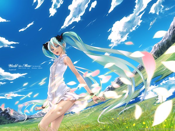 Anime picture 1600x1200 with vocaloid world is mine (vocaloid) hatsune miku redjuice single long hair open mouth twintails cloud (clouds) wind aqua hair mountain girl plant (plants) petals grass sundress