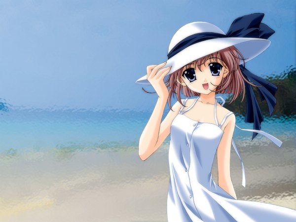 Anime picture 1024x768 with nanao naru single looking at viewer short hair open mouth standing bare shoulders holding pink hair outdoors arm up black eyes beach happy girl dress ribbon (ribbons) hat white dress hat ribbon