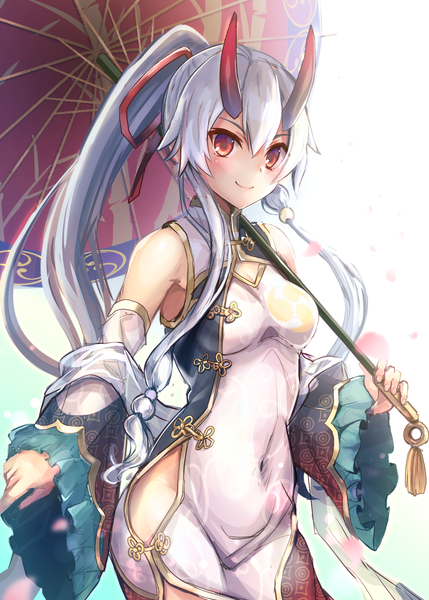 Anime picture 1153x1614 with fate (series) fate/grand order tomoe gozen (fate) samoore single long hair tall image fringe breasts light erotic simple background hair between eyes red eyes standing holding looking away silver hair ponytail traditional clothes horn (horns)