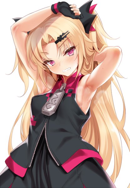 Anime-Bild 1152x1664 mit virtual youtuber uni channel akatsuki uni cle masahiro single long hair tall image looking at viewer blush fringe breasts simple background blonde hair standing white background head tilt pink eyes arms up armpit (armpits) arm behind head