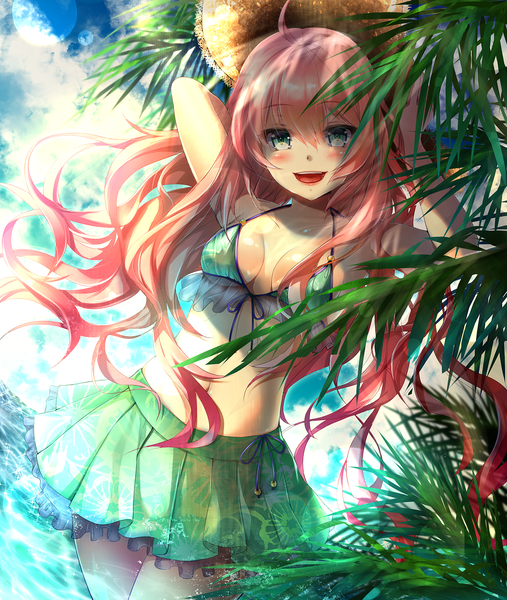Anime picture 1262x1494 with dies irae rusalka schwagerin mia (gute-nacht-07) single long hair tall image looking at viewer blush fringe breasts open mouth light erotic smile hair between eyes bare shoulders payot pink hair sky cloud (clouds) ahoge