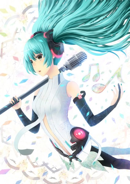 Anime picture 1748x2480 with vocaloid vocaloid append hatsune miku hatsune miku (append) bounin single long hair tall image highres absurdres nail polish aqua eyes aqua hair music girl detached sleeves microphone