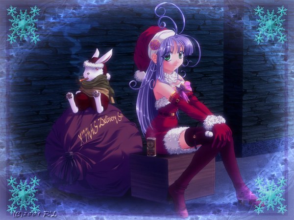 Anime picture 1024x768 with sitting green eyes blue hair christmas thighhighs gloves elbow gloves bunny