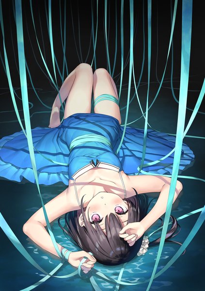 Anime picture 1694x2400 with original shizuku (kantoku) kantoku single tall image looking at viewer blush fringe short hair black hair full body lying blunt bangs parted lips pink eyes barefoot arms up on back one side up upside down