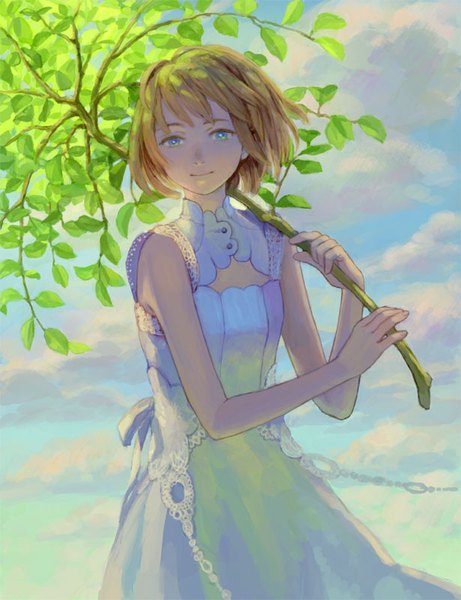 Anime picture 615x800 with original hiko (scape) single tall image looking at viewer fringe short hair blue eyes blonde hair smile holding sky cloud (clouds) wind sunlight shadow sleeveless girl dress white dress