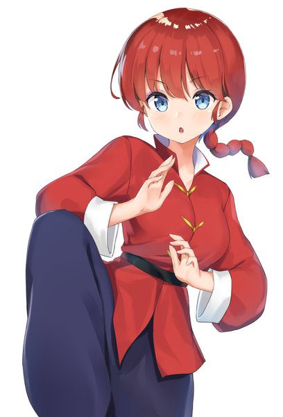 Anime picture 817x1200 with ranma 1/2 saotome ranma saotome ranma (girl) fuji noyume single long hair tall image blue eyes simple background white background red hair braid (braids) traditional clothes single braid chinese clothes fighting stance girl