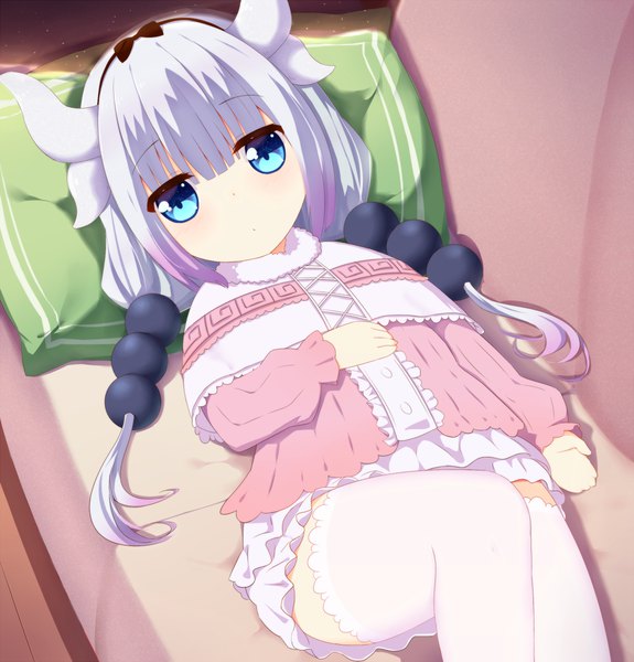 Anime picture 1150x1200 with kobayashi-san chi no maidragon kyoto animation kanna kamui ddt (darktrident) single long hair tall image looking at viewer fringe blue eyes light erotic hair between eyes twintails silver hair bent knee (knees) lying horn (horns) from above loli on back