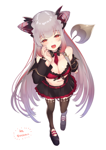 Anime picture 707x1000 with virtual youtuber honey strap suou patra okanoyuno single tall image looking at viewer breasts open mouth light erotic simple background red eyes large breasts white background cleavage full body tail very long hair from above grey hair