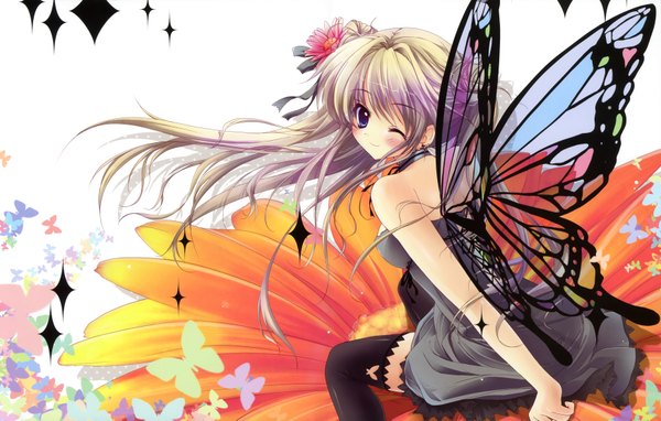 Anime picture 3500x2233 with izumi tsubasu single long hair blush highres blue eyes blonde hair absurdres one eye closed looking back hair flower wink insect wings butterfly wings girl thighhighs dress hair ornament flower (flowers) black thighhighs