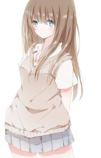 Anime picture 590x924 with original hiro (hirohiro31) single long hair tall image looking at viewer blush blue eyes simple background brown hair white background pleated skirt short sleeves hands behind back open collar girl skirt uniform school uniform miniskirt