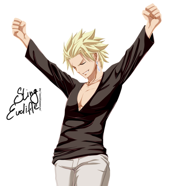 Anime picture 1300x1320 with fairy tail sting eucliffe enara123 single tall image short hair blonde hair simple background smile white background eyes closed inscription coloring spread arms boy earrings pants
