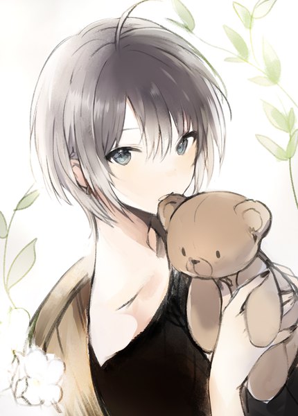 Anime picture 650x907 with original lpip single tall image looking at viewer fringe short hair hair between eyes white background holding upper body ahoge nail polish grey hair grey eyes ear biting boy plant (plants) earrings toy