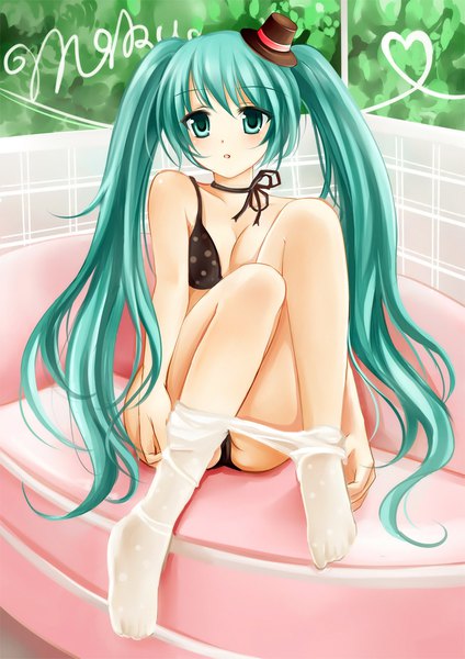 Anime-Bild 750x1061 mit vocaloid hatsune miku nikoo single long hair tall image looking at viewer blush fringe breasts open mouth light erotic hair between eyes sitting twintails bare shoulders payot full body bent knee (knees) outdoors