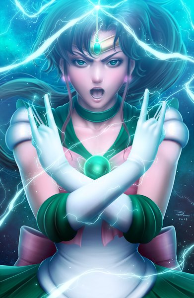 Anime picture 783x1200 with bishoujo senshi sailor moon toei animation kino makoto sailor jupiter digiflohw single long hair tall image looking at viewer fringe open mouth green eyes signed upper body green hair lips realistic teeth magic crossed arms