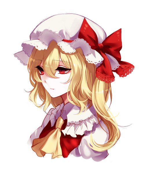 Anime picture 2700x3300 with touhou flandre scarlet sheya single tall image fringe highres short hair simple background blonde hair hair between eyes red eyes white background looking away fang (fangs) one side up portrait pale skin girl bow