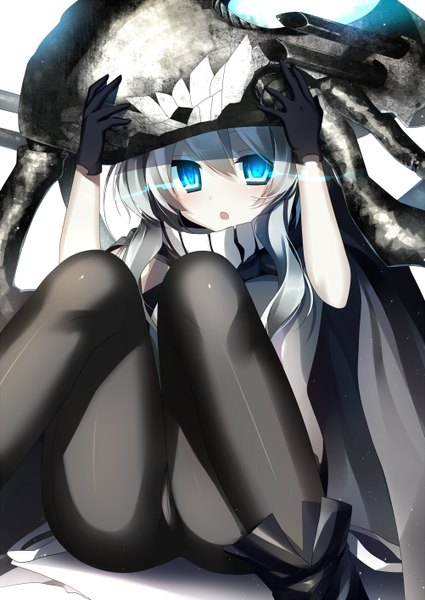 Anime picture 1002x1416 with kantai collection wo-class aircraft carrier yoruneko single long hair tall image looking at viewer blush open mouth blue eyes light erotic sitting silver hair teeth glowing cameltoe glowing eye (eyes) shinkaisei-kan girl gloves