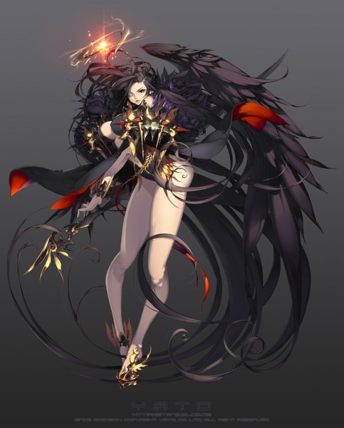 Anime picture 1300x1614 with original yato single tall image looking at viewer breasts light erotic black hair simple background red eyes large breasts very long hair one eye closed wink inscription black wings fantasy demon girl wings