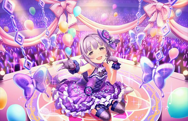 Anime picture 1280x824 with idolmaster idolmaster cinderella girls koshimizu sachiko single looking at viewer blush short hair open mouth brown eyes grey hair self-proclaimed perfection girl thighhighs dress gloves bow hair bow frills balloon scene