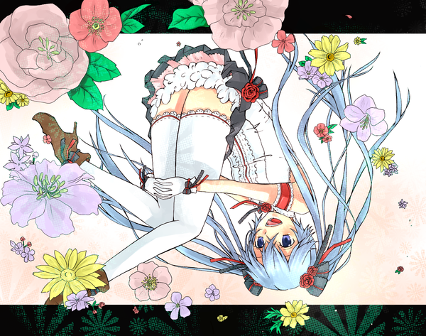 Anime picture 1400x1105 with vocaloid hatsune miku very long hair girl thighhighs flower (flowers)