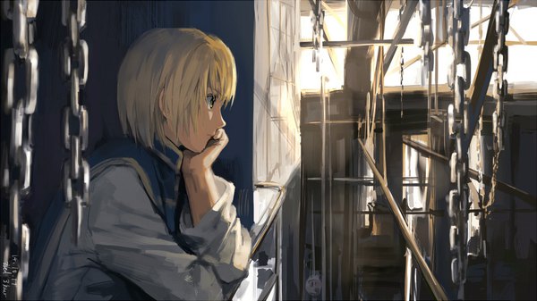 Anime picture 1000x562 with hunter x hunter kurapica fancybetty single fringe short hair blonde hair wide image green eyes signed looking away upper body indoors profile dated breast hold boy chain