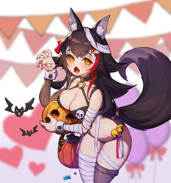 Anime-Bild 3096x3325 mit virtual youtuber hololive ookami mio hellk111 single long hair tall image looking at viewer blush highres breasts open mouth light erotic black hair large breasts holding animal ears yellow eyes absurdres cleavage
