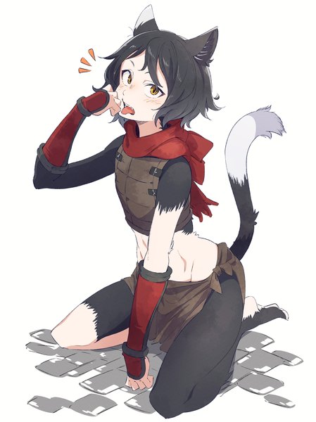 Anime picture 1061x1418 with dungeon meshi studio trigger izutsumi eito12 single tall image short hair black hair simple background white background sitting animal ears yellow eyes full body tail animal tail cat ears midriff cat girl cat tail