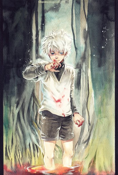 Anime picture 608x900 with hunter x hunter killua zaoldyeck claparo-sans single tall image short hair blue eyes standing signed white hair arm up shadow partially submerged looking down hand to mouth blood on face sad traditional media bloody clothes blood stains
