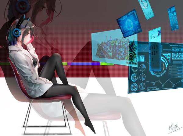 Anime picture 4724x3508 with original axent wear headphones omone hokoma agm single fringe highres short hair black hair sitting brown eyes signed looking away absurdres full body bent knee (knees) profile multicolored hair no shoes zoom layer girl