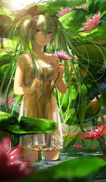 Anime picture 791x1355 with vocaloid hatsune miku g q single long hair tall image looking at viewer fringe smile hair between eyes standing twintails bare shoulders holding green eyes green hair light smile lips sunlight blurry