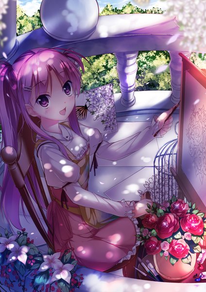 Anime picture 2480x3508 with original kaho okashii single long hair tall image looking at viewer blush highres open mouth sitting twintails pink hair :d pink eyes girl dress hair ornament flower (flowers) petals hairclip