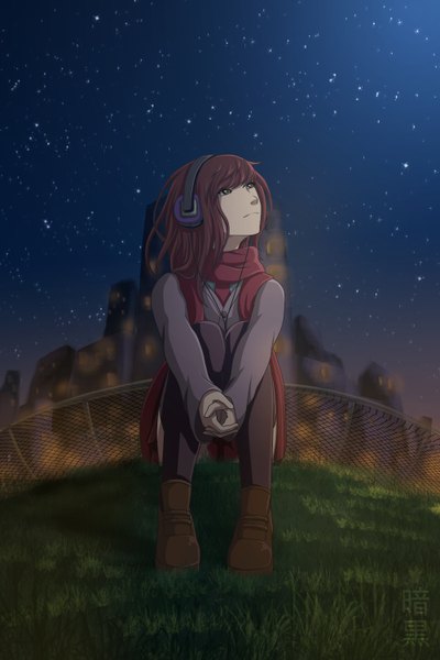 Anime picture 1000x1500 with original ankoku-hime single long hair tall image brown hair sitting brown eyes looking away night sky city lights girl thighhighs black thighhighs plant (plants) boots headphones scarf star (stars) grass