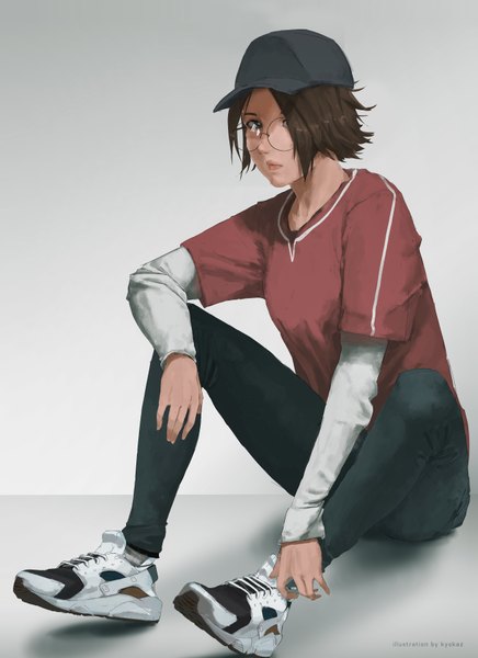 Anime picture 5246x7216 with original faiz azhar single tall image looking at viewer highres short hair blue eyes simple background brown hair sitting signed absurdres full body bent knee (knees) lips gradient background girl glasses shoes