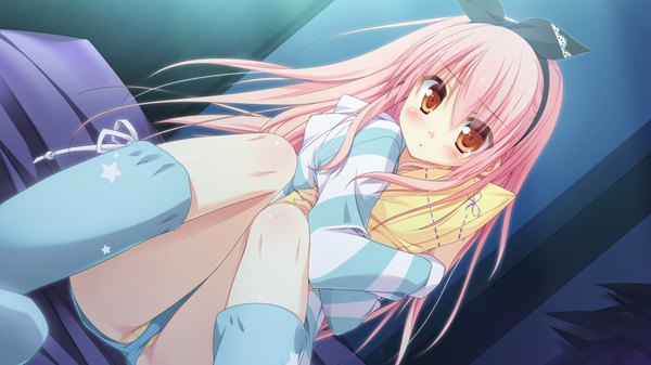 Anime picture 1280x720 with timepiece ensemble yanagibashi saori sesena yau long hair blush light erotic wide image pink hair game cg orange eyes pantyshot pantyshot sitting girl underwear panties bow hair bow socks pajamas