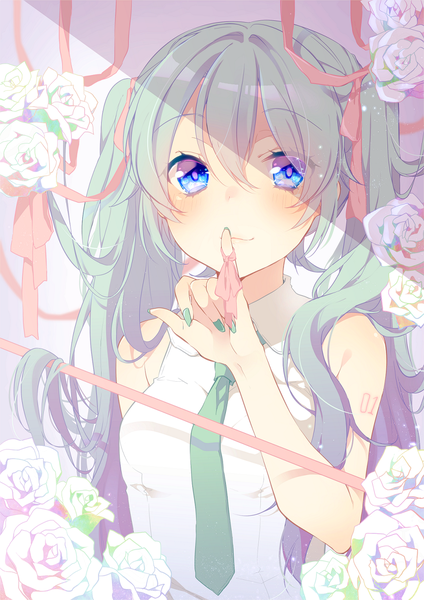 Anime picture 927x1311 with vocaloid hatsune miku asagao minoru single long hair tall image looking at viewer blush fringe blue eyes hair between eyes twintails nail polish fingernails green hair shadow sleeveless finger to mouth arm behind back multicolored eyes