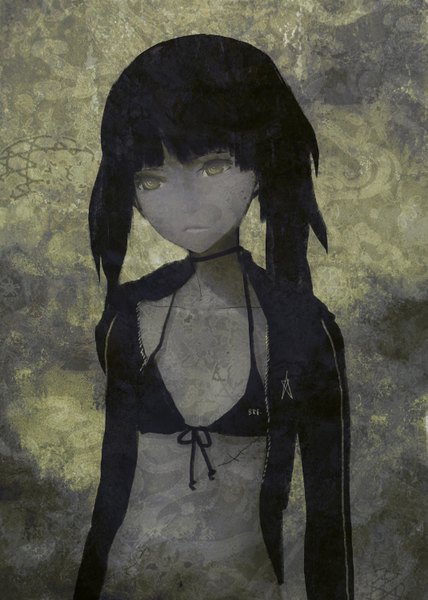 Anime picture 1069x1500 with black rock shooter black rock shooter (character) tall image short hair black hair twintails yellow eyes looking away open clothes open jacket scar girl bikini top