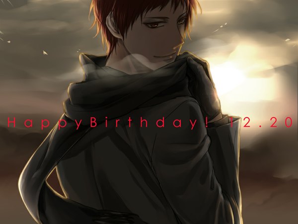 Anime picture 1020x765 with kuroko no basket production i.g akashi seijuurou crelica (pixiv id 114714) single looking at viewer short hair smile red eyes red hair orange eyes heterochromia text back exhalation happy birthday boy gloves scarf coat